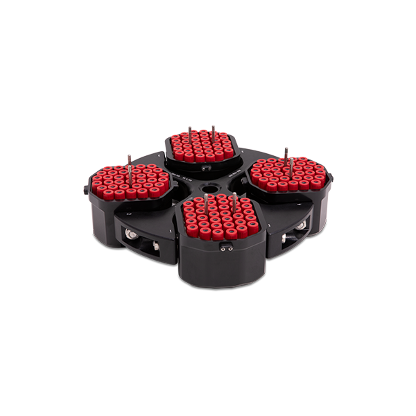 An image of a VS 4.750-HEX swinging bucket rotor for Allegra V-15R benchtop centrifuge, filled with red capped tubes