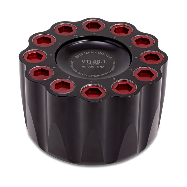 An angled image of the VTi 50.1 Vertical Tube rotor for use in Optima Ultracentrifuges