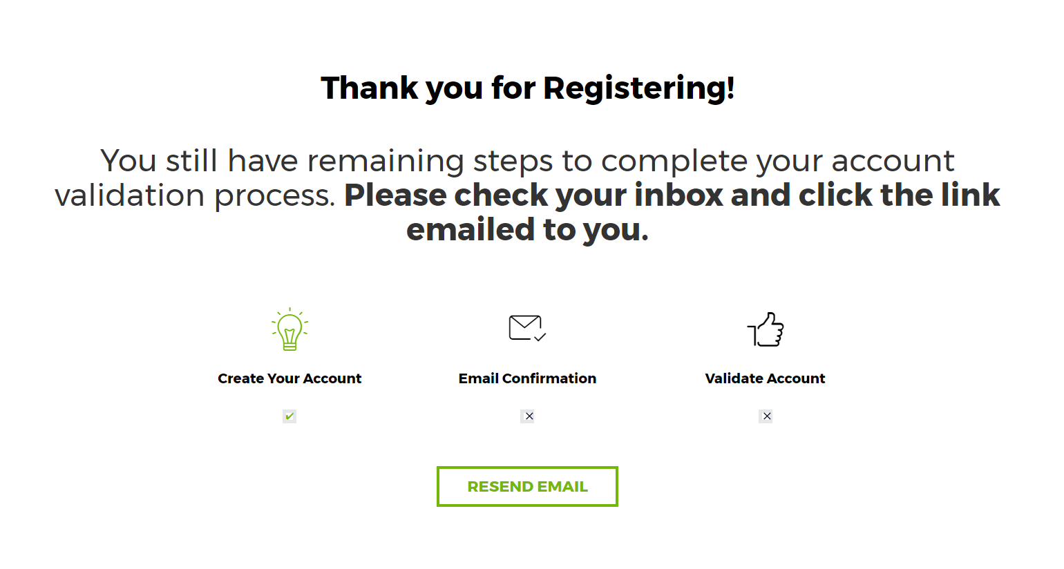 New Account Registration Confirmation Page