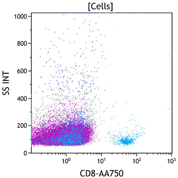 ClearLLab 10C, Case 14, CD8 vs Side Scatter dot plot, all viable cells