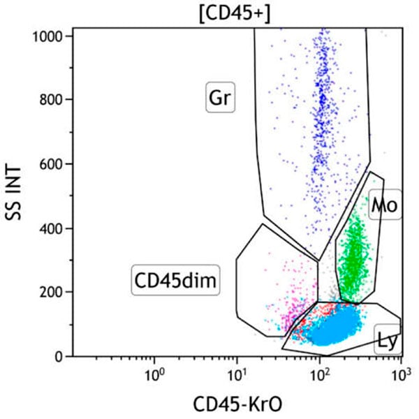 ClearLLab 10C, Case 16, CD45 vs Side Scatter dot plot, CD45+ gate