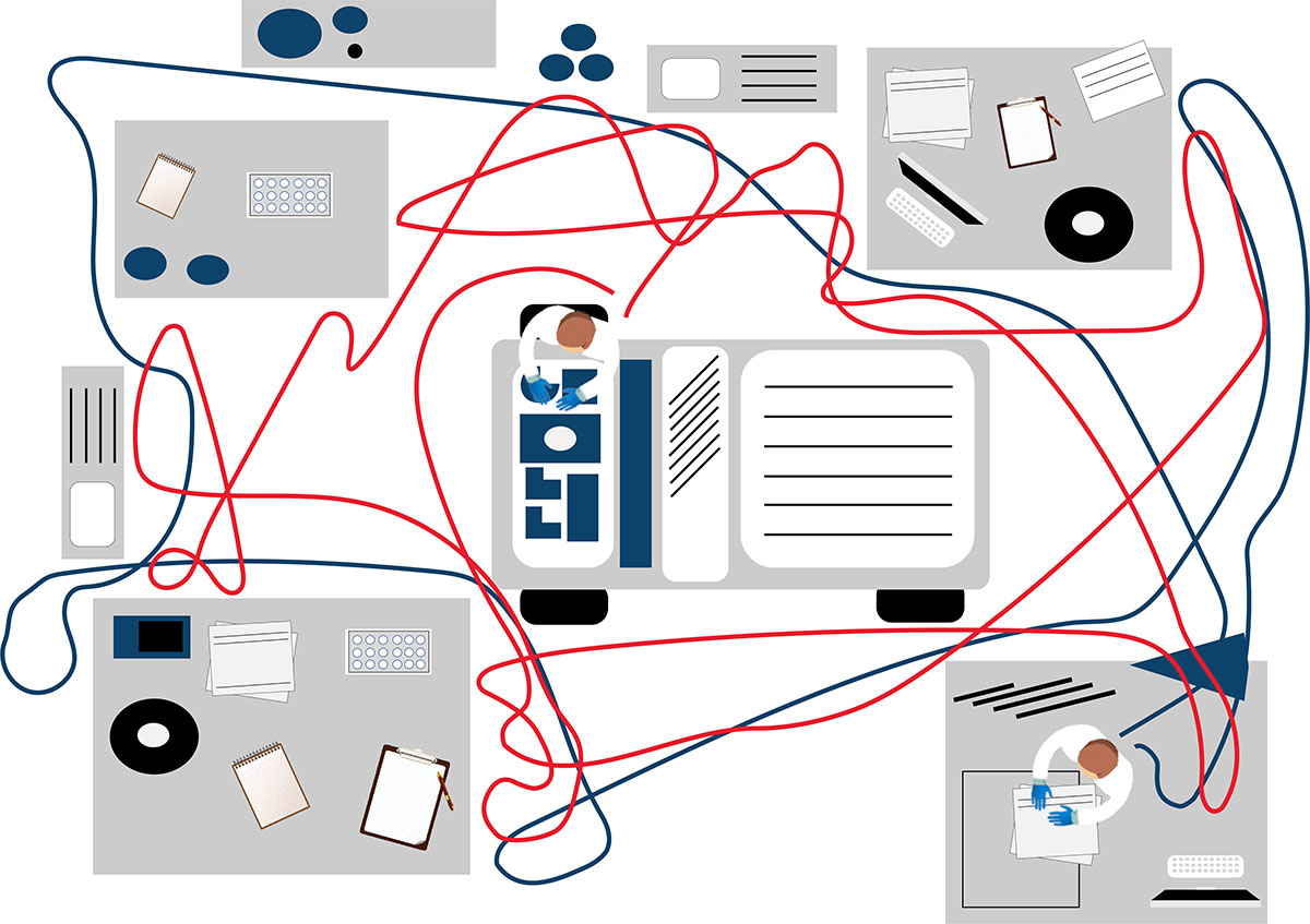The spaghetti model shows a hypothetical laboratory floorplan and two employees.