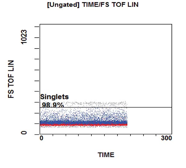 Gating strategy to assess the T, B and NK cell subpopulations. FS TOF vs TIME dot plot.
