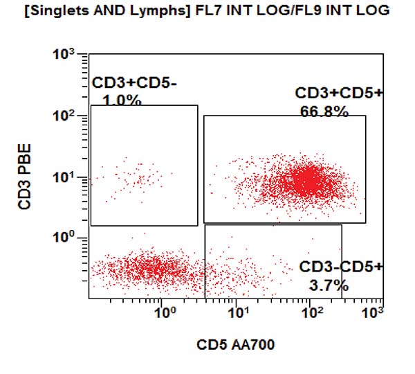Gating strategy to assess the T, B and NK cell subpopulations. CD5 vs CD3 dot plot.