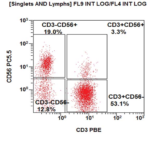 Gating strategy to assess the T, B and NK cell subpopulations. CD3 vs CD56 dot plot.