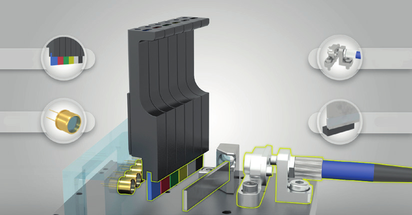 The WDM uses fibre optics and bandpass filters to separate the light wavelengths