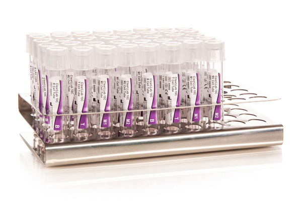 Rack of ClearLLab 10C sample tubes for Leukemia and Lymphoma immunophenotyping