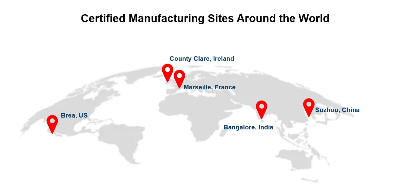 Outline of the northern hemisphere with highlighted Beckman Coulter Life Sciences sites