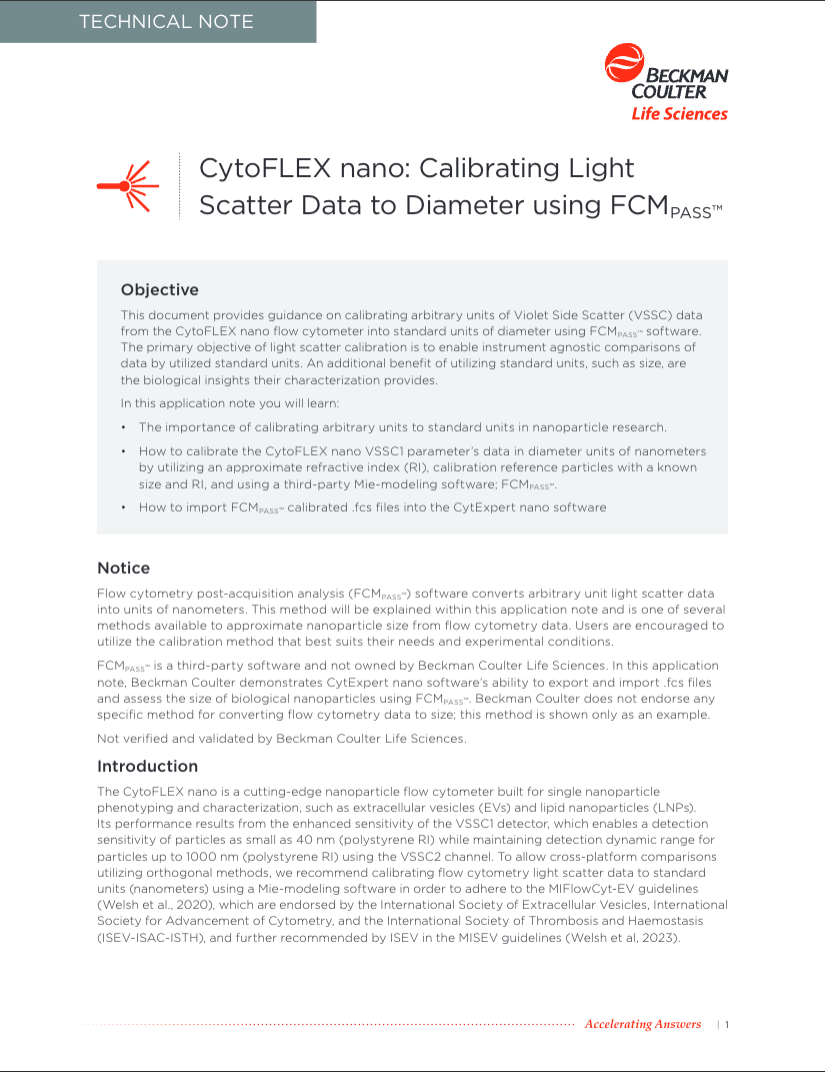 CytoFLEX nano: Calibrating Light Scatter Data to Diameter using FCMPASS™