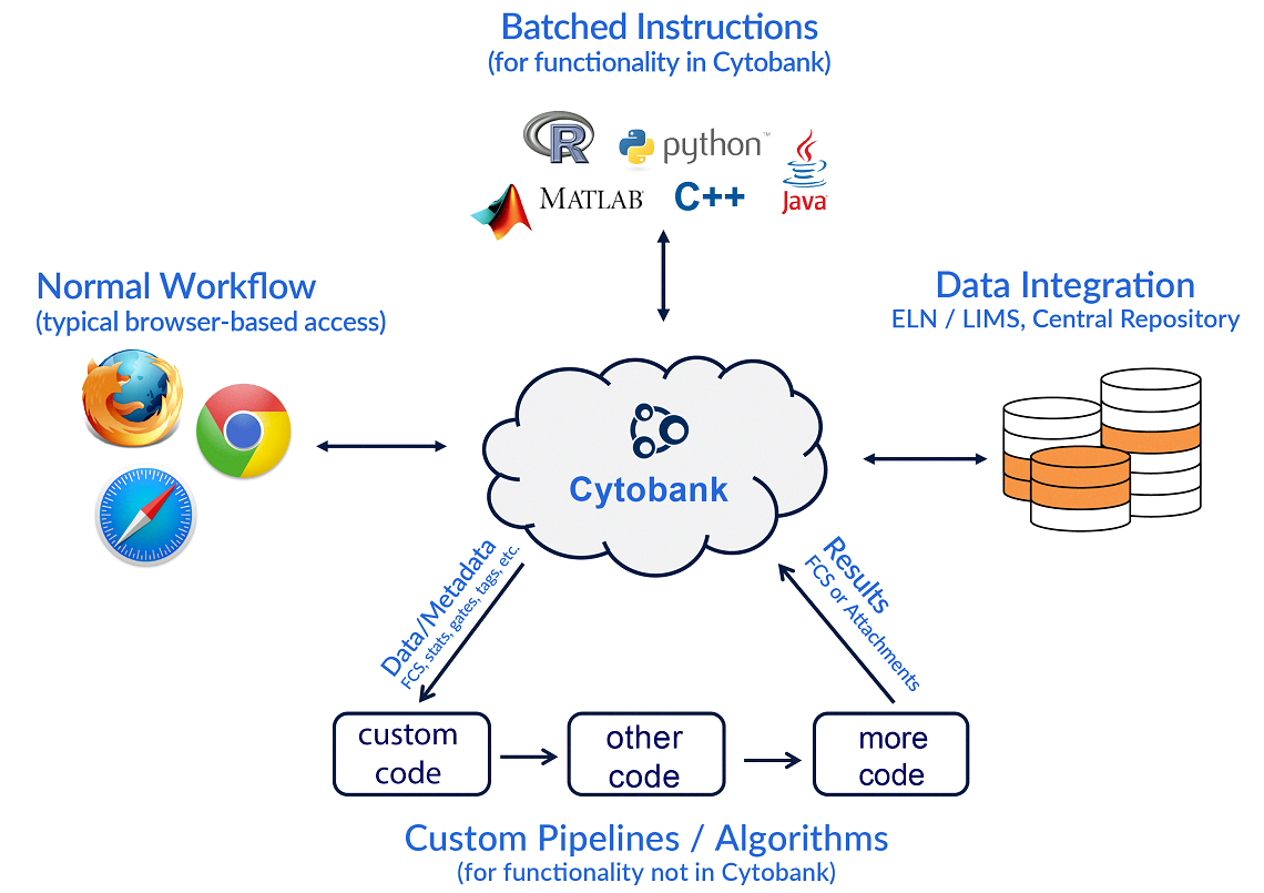 Visual overview of the high-level themes driving development of the Cytobank API