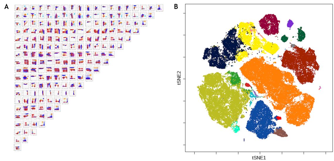 Comparison of biaxial plots with machine learning analysis of a 20–color panel cytometry data