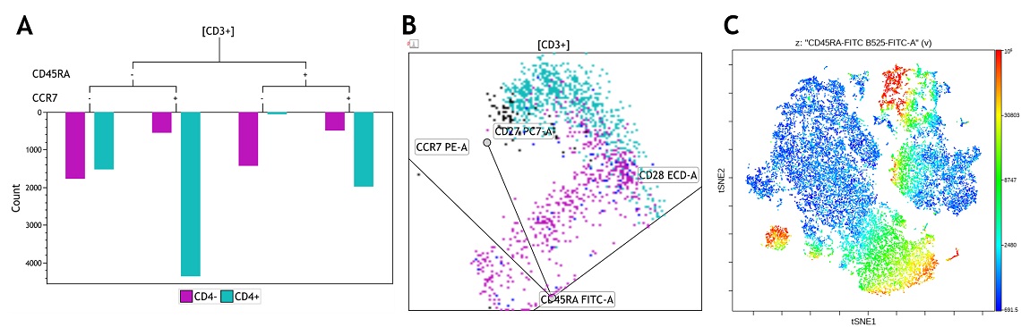 Flow cytometry data visualizations of T cell memory marker expression