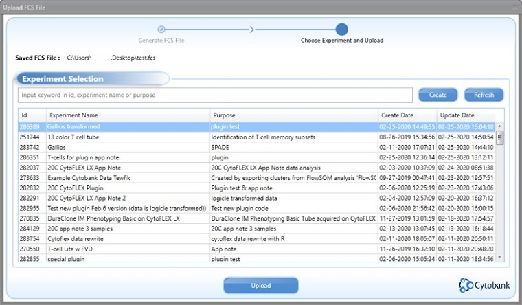 Interface demonstrating files uploaded to the Cytobank experiment manager using the Kaluza Cytobank plugin