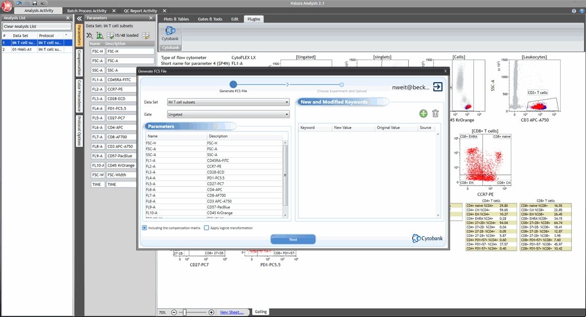 Generate FCS file window in Kaluza Cytobank Plugin workflow