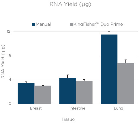 RNA Yield. Figure 1. The average yield from three technical replicates of RNA and DNA extraction done manually or on a KingFisher™ Duo Prime. The bars are an average yield of three technical replicates as calculated by Quant-iT assay (Thermo Fisher Scientific). Error bars are the standard deviation of three technical replicates.