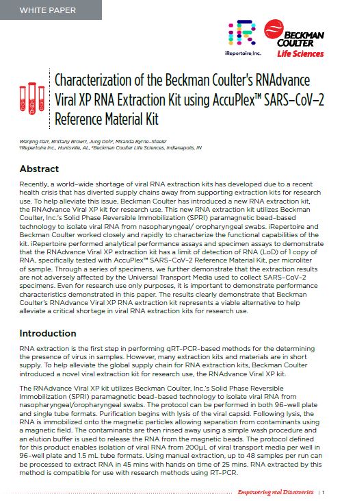 Papier blanc : Caractérisation du Kit d’extraction de l’ARN RNAdvance Viral XP à l’aide du Kit de documentation de référence SARS–CoV–2 Kit AccuPlex™ 
