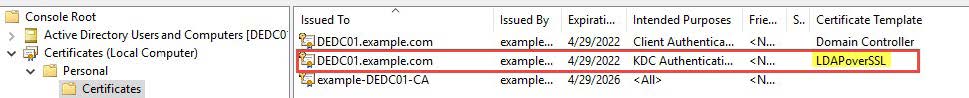 The issued certificate will now show up in the console; you can verify the template used in the column “Certificate Template”