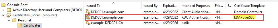 The issued certificate will now show up in the console; you can verify the template used in the column “Certificate Template”