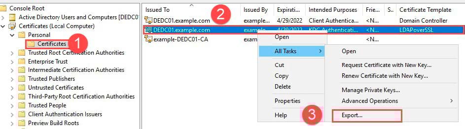 Open the “Certificates Console” for the local computer on the DC. Right click the issued certificate found in “Personal Certificates” and select “Export…”