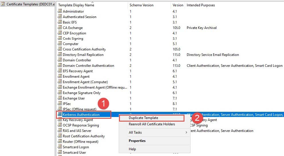 Right click “Kerberos Authentication” and choose “Duplicate Template”