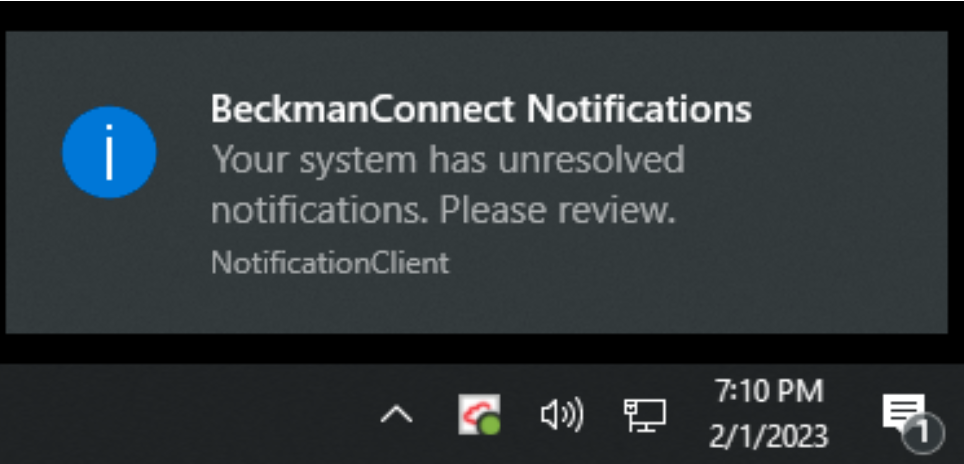 BeckmanConnect Notification shown on Windows 10